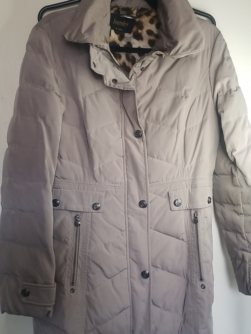Laundry By Shelli Segal Taupe Quilted Puffer Coat with Leopard Lining